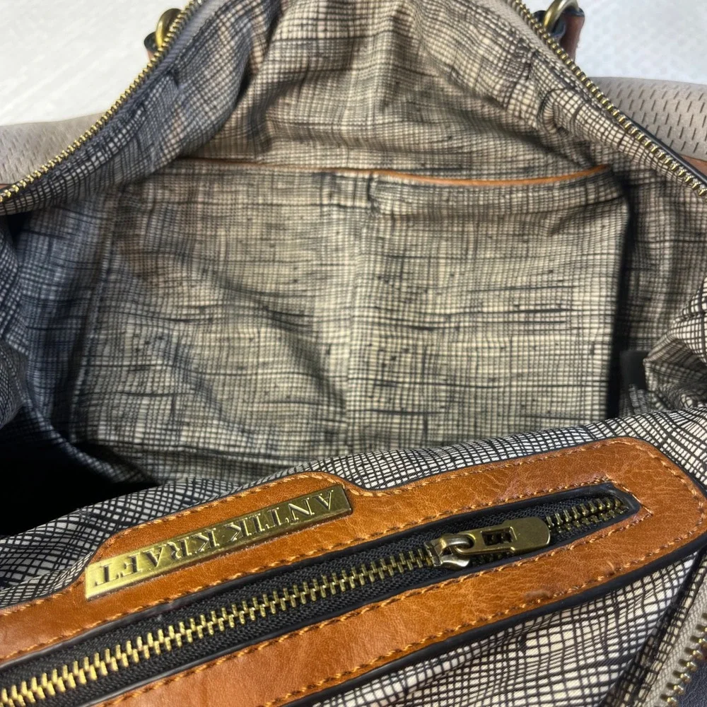 Antik Kraft Grey Studded Satchel‎ Crossbody Brown Trim Perforated Vegan Leather